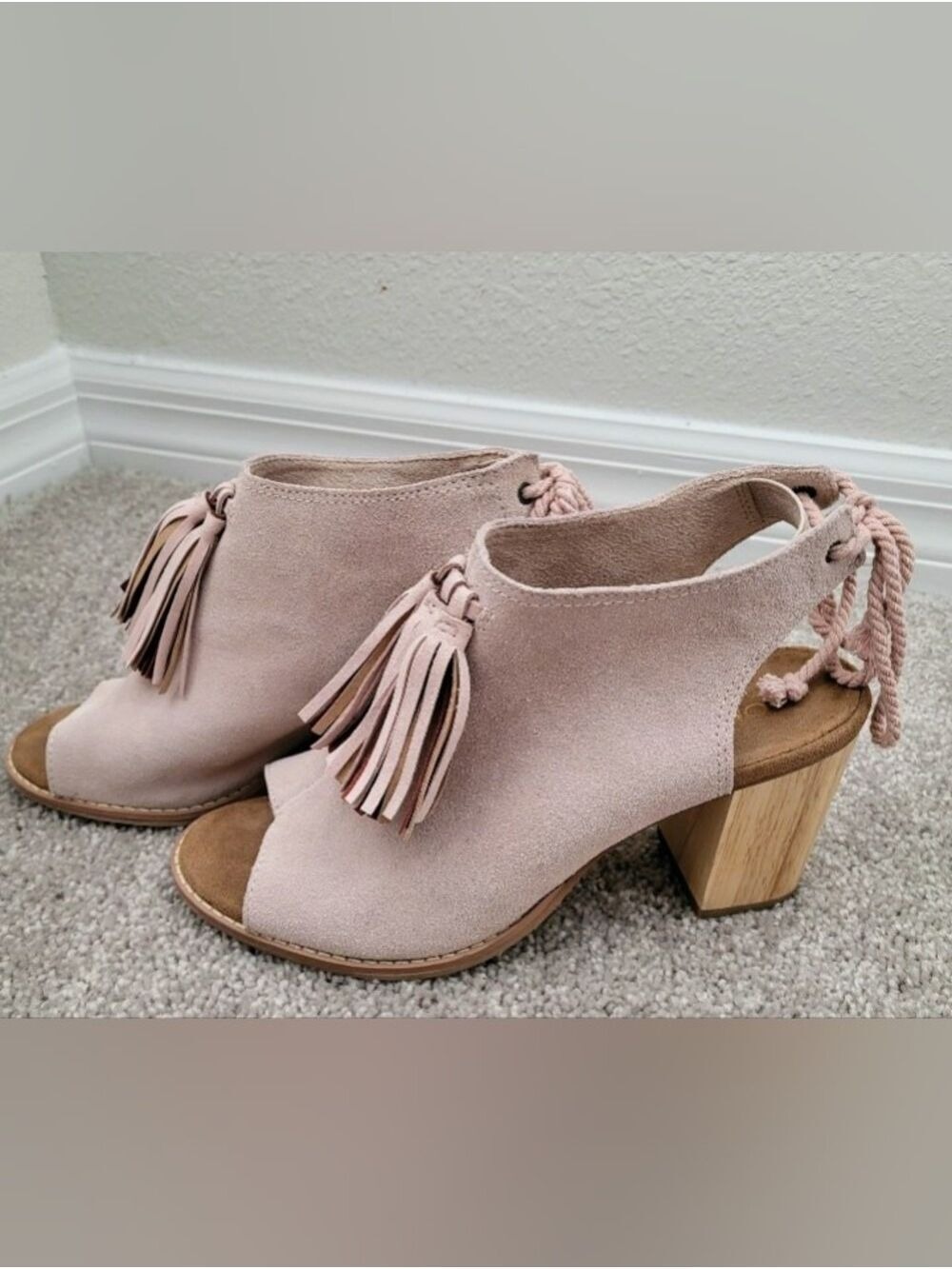 Tassel Toms Suede Block Heel  Bootie Sandal-Blush Pink
